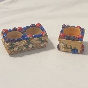 Berry and Floral Basket Decorated Ceramic Votive Candle Holders